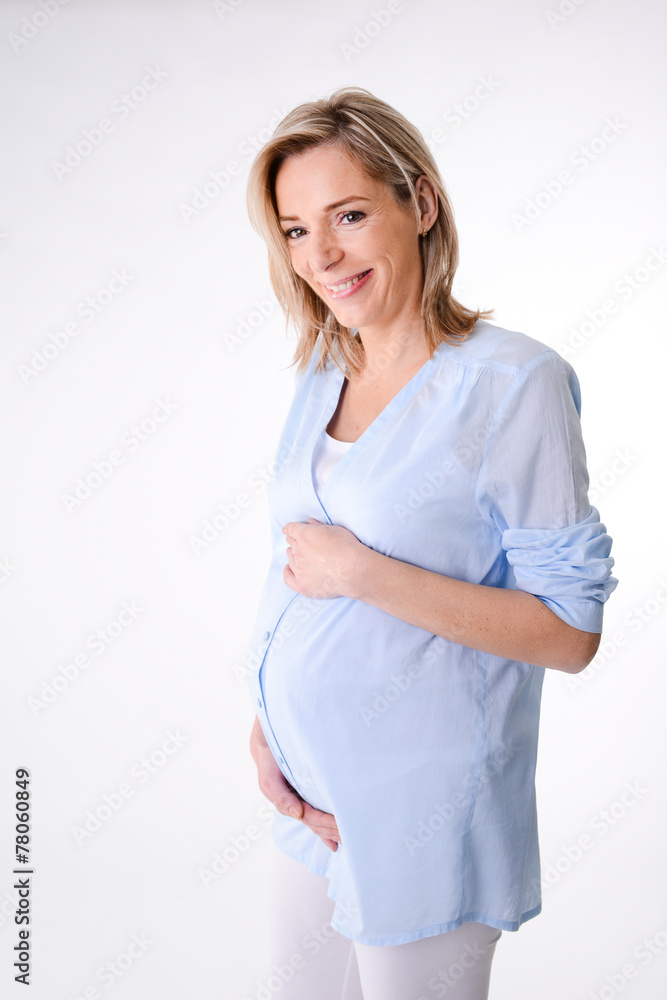 cheerful mature forty years old pregnant woman isolated white cheerful mature forty years old pregnant woman isolated white
