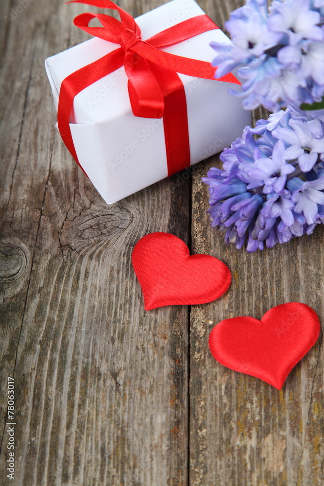 Blue hyacinth, two hearts and greeting card Blue hyacinth, two hearts and greeting card