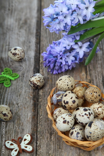 Easter composition with quail eggs and hyacinth