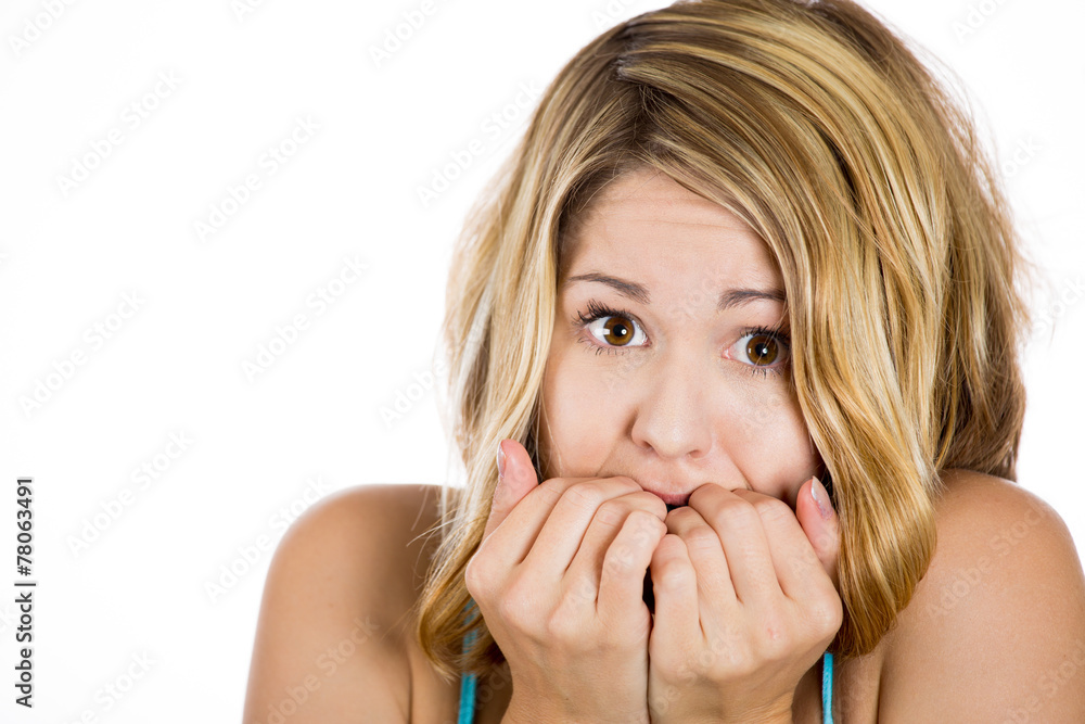 Closeup headshot nervous stressed young woman anxious Closeup headshot nervous stressed young woman anxious