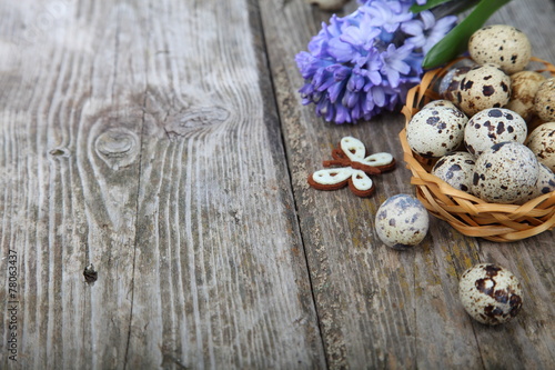 Easter composition with quail eggs and hyacinth