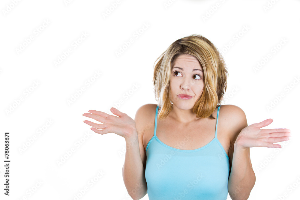 Shrugging woman in doubt doing shrug showing open palms Shrugging woman in doubt doing shrug showing open palms