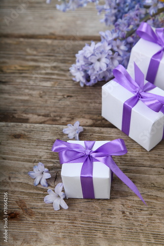 Gift boxes and blue hyacinth