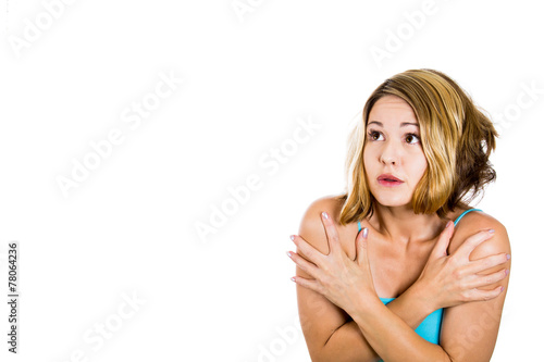Concerned Scared Woman isolated on white background 