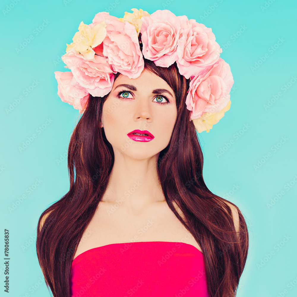 Sensual brunette lady with floral wreath on her head. Roses, Spr
