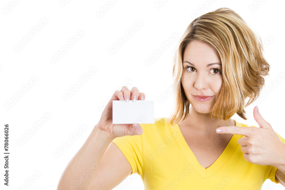 woman showing a blank business card, isolated on white woman showing a blank business card, isolated on white