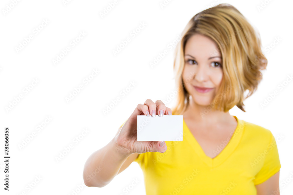 woman showing a blank business card, isolated on white woman showing a blank business card, isolated on white