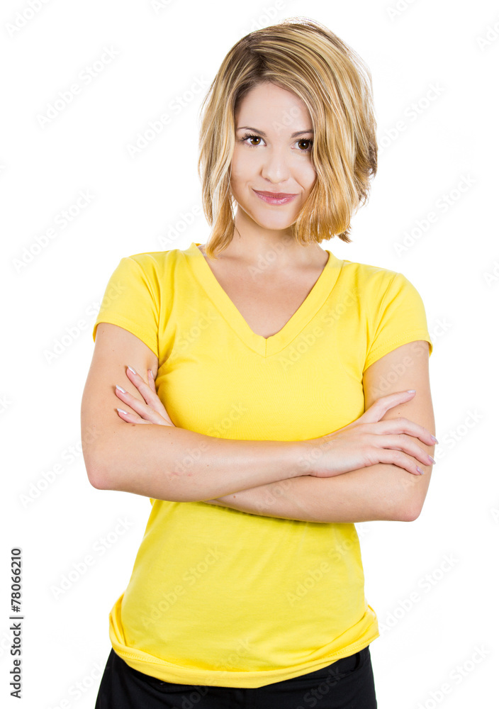 Young beautiful woman yellow t-shirt isolated white background Young beautiful woman yellow t-shirt isolated white background