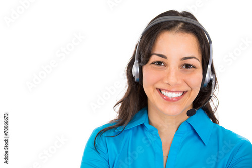 Headshot female customer representative with phone headset