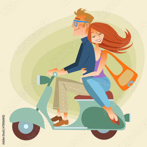 Lovers man and woman on retro bike going down the road