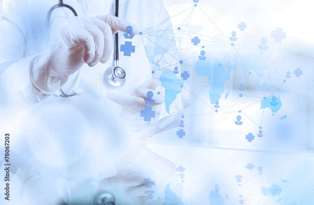 smart medical doctor hand showing network with operating room as