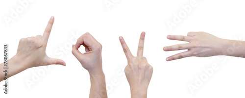 woman hand with the word L O V E on white background photo