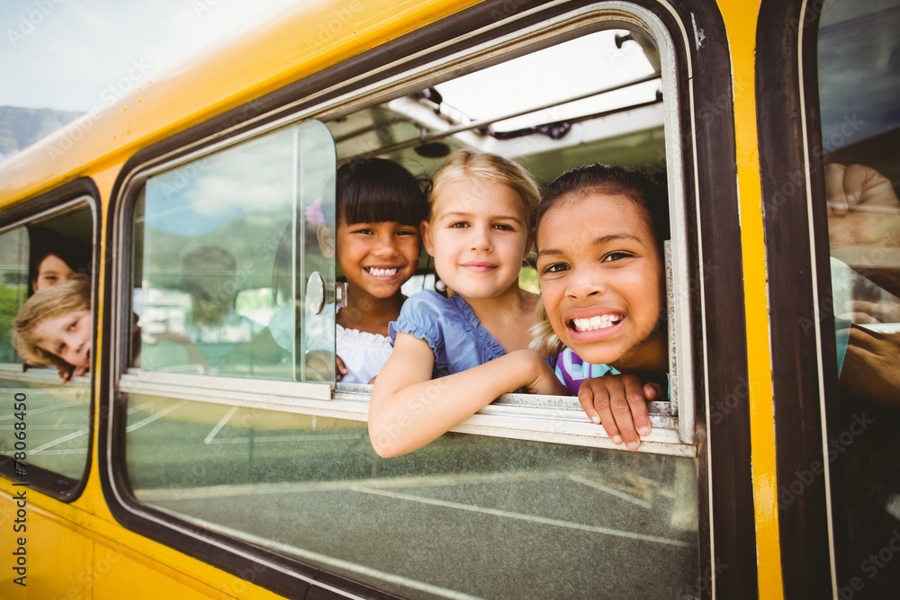 Cute mixed race pupils smiling at camera in the school bus - obrazy, fototapety, plakaty 