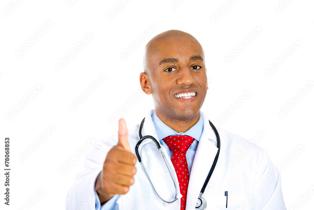 Smiling physician posing with lab coat and stethoscope