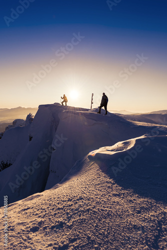 Mountaineer sunrise snow summit golden dawn