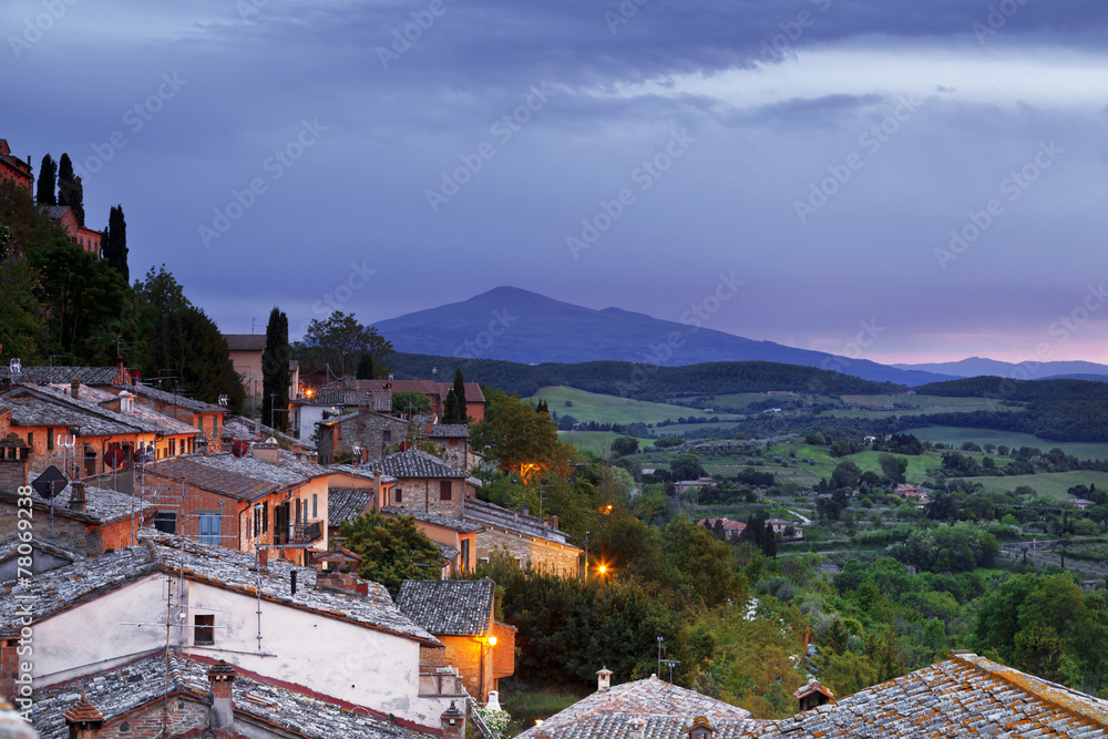 The medieval town of Montepulciano in Italy, at dusk