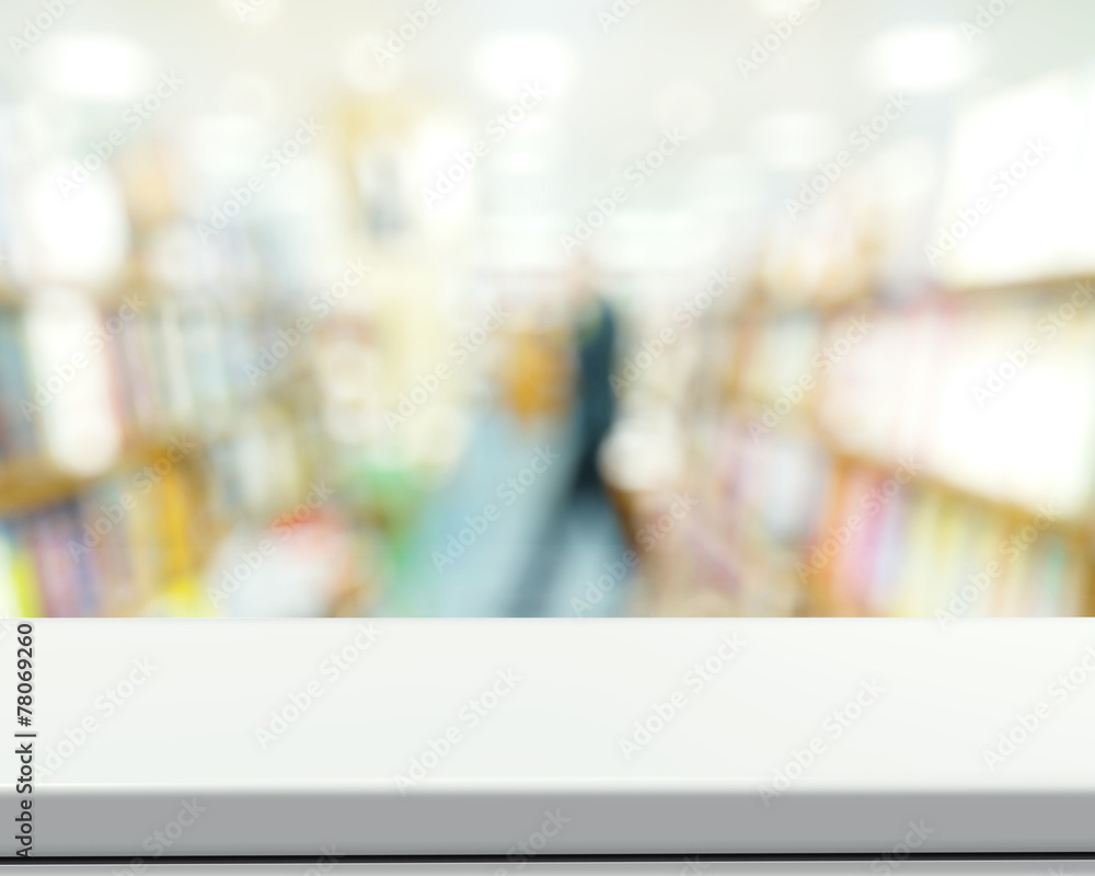 Empty laminate shelf and blurred background for business product Empty laminate shelf and blurred background for business product