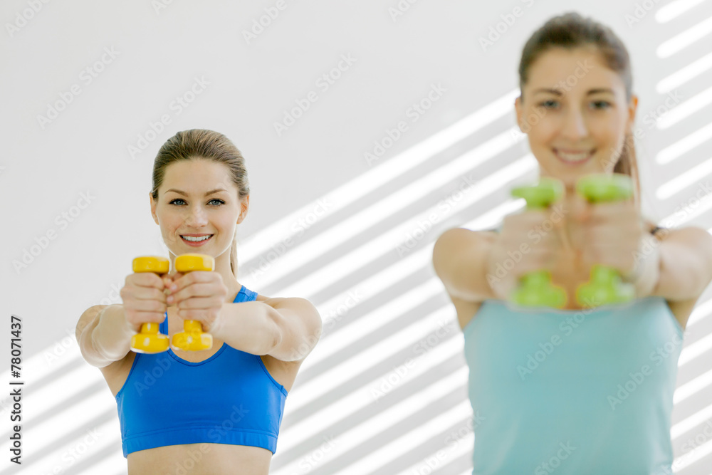 Two attractive women are doing exercises with dumbbells Two attractive women are doing exercises with dumbbells