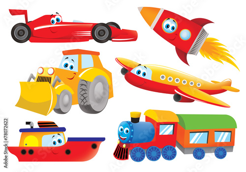 plane, bulldozer, train, rocket, ship, racer for kids