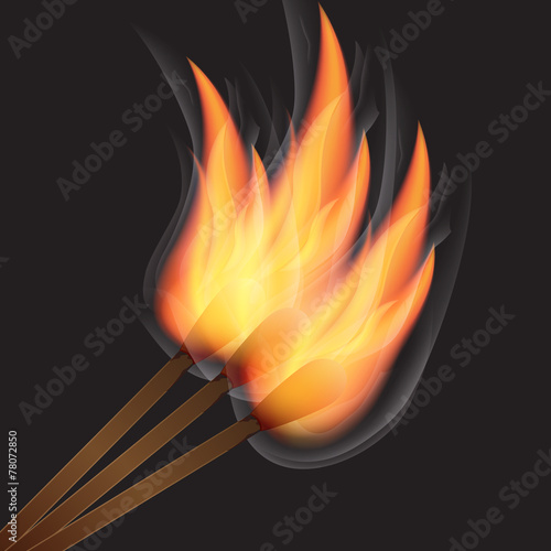 Three burning match on black background