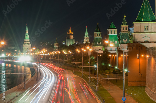 Russia. Evening in Moscow. Night view of the Kremlin and bridge
