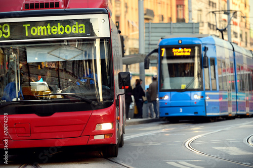 Bus and tram in traffic