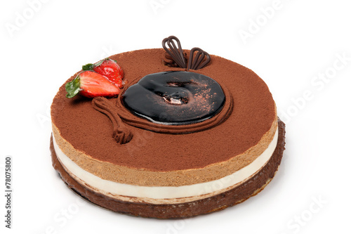 Chocolate cake with strawberrys on white background