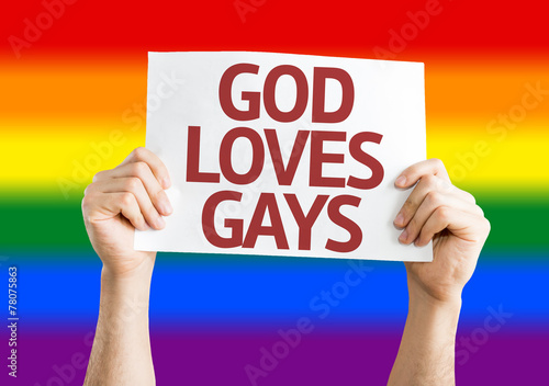 Εκτύπωση καμβά God Loves Gay card with Rainbow flag background
