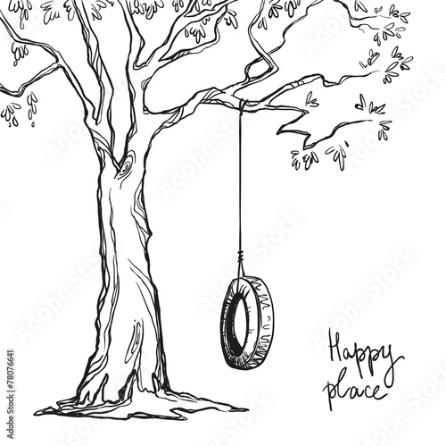 tree with a tyre swing. Vector illustration.