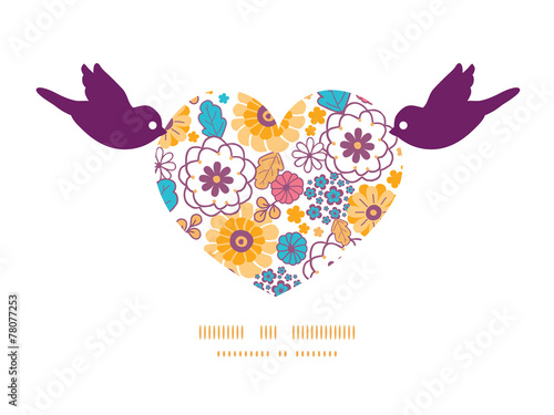 Vector colorful oriental flowers birds holding heart silhouette