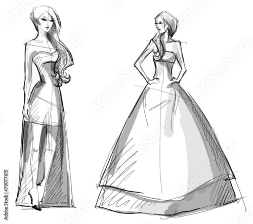 Fashion hand drawn illustration. Vector sketch. Long dress.