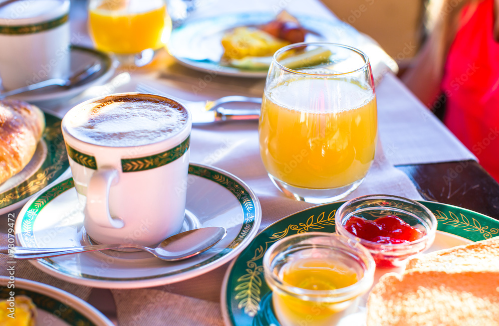 Healthy breakfast in restaraunt resort outdoor Healthy breakfast in restaraunt resort outdoor