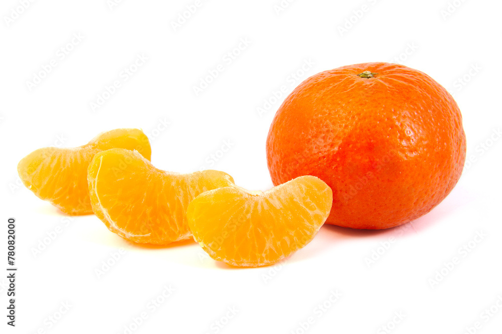 Three tangerine slices with a mandarin on white background