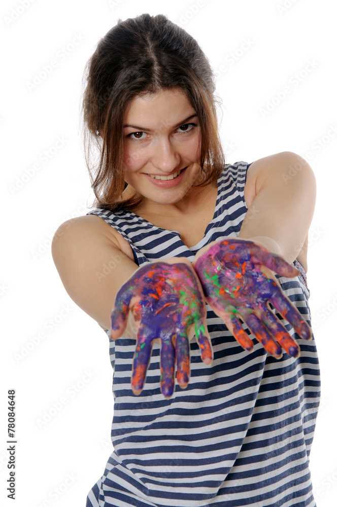 Woman artist shows her hands painted in colorful paint Woman artist shows her hands painted in colorful paint