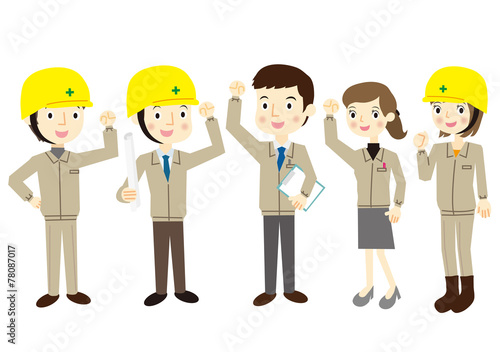 作業着を着た人たち　ガッツポーズ