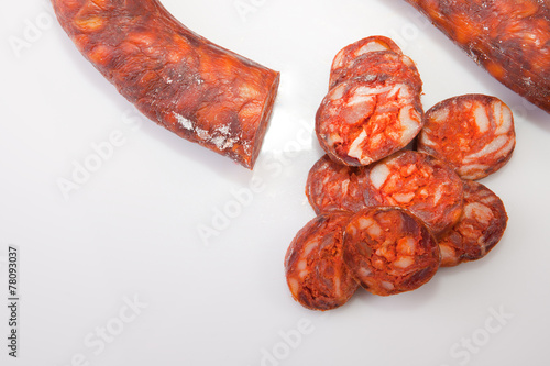 Red iberian chorizo with some cut pieces