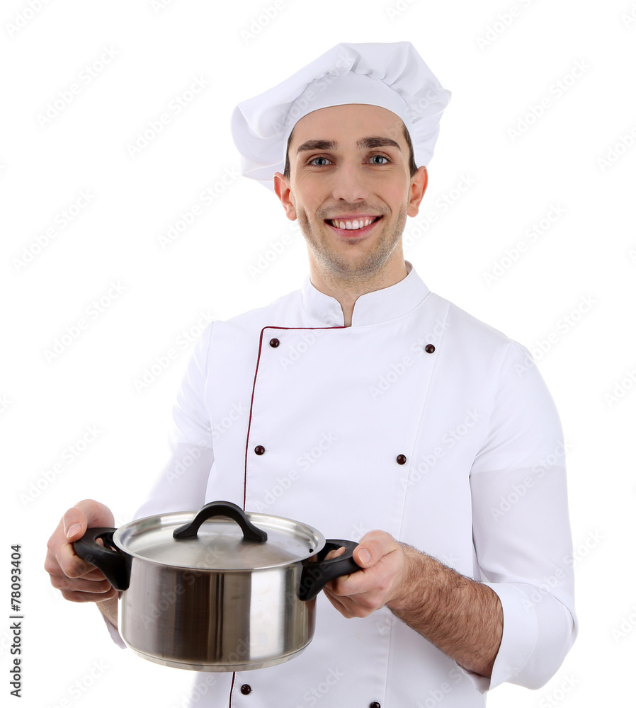 Chef with saucepan in hands isolated on white Chef with saucepan in hands isolated on white