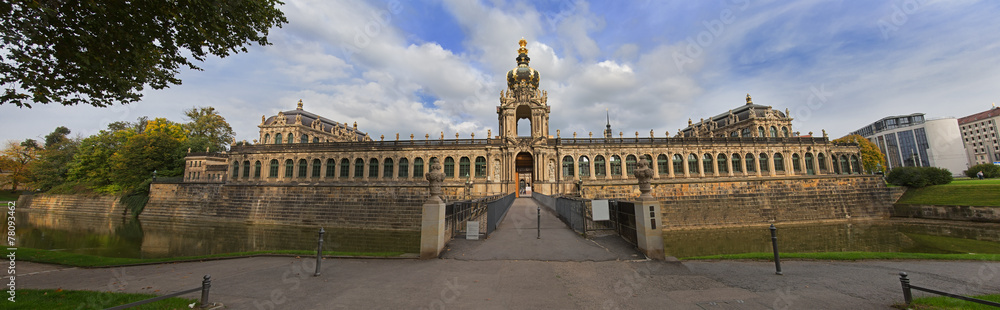 Dresden Zwinger palace panorama with channel and park