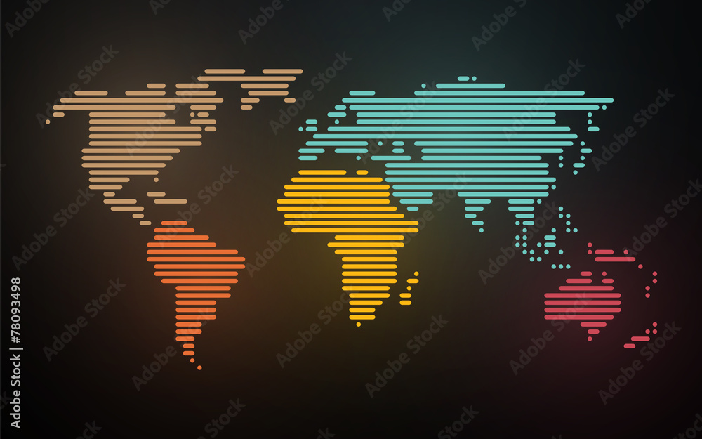 Obraz premium simple map of the world created lines on blurred neon background