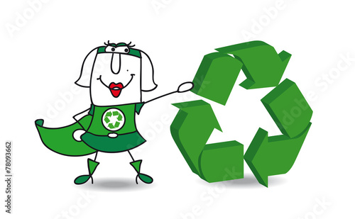 Super recycling woman with a recyling sign