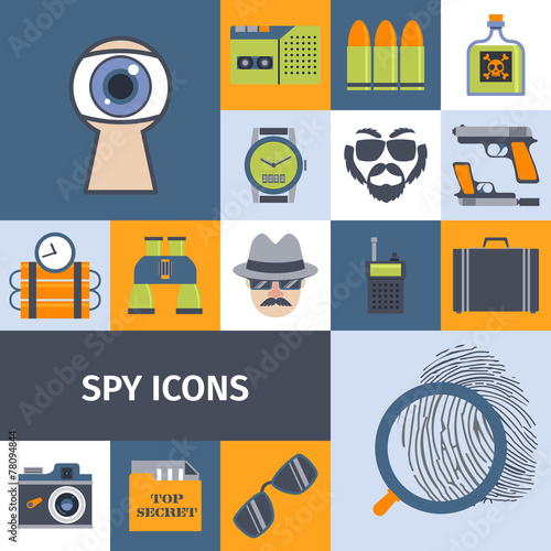 Spy gadgets flat icons composition poster