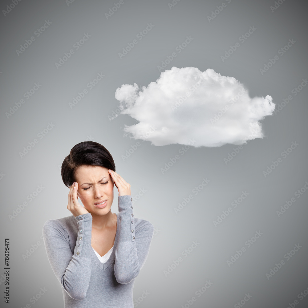 Girl has a headache, grey background with cloud Girl has a headache, grey background with cloud