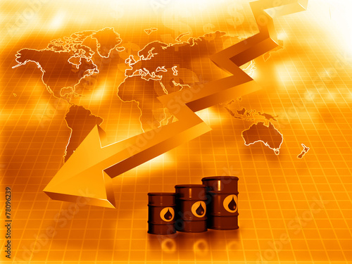 Canvas Print Oil Barrels with  falling oil price graph.