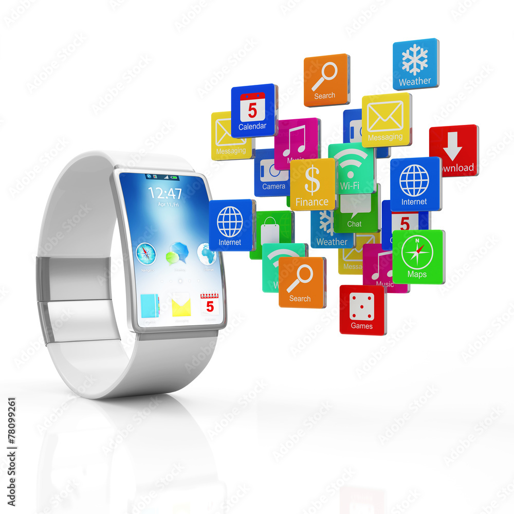 Modern White Smart Watch with Cloud of Application Icons Modern White Smart Watch with Cloud of Application Icons