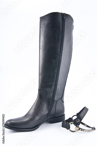Female black leather boots with low heels..