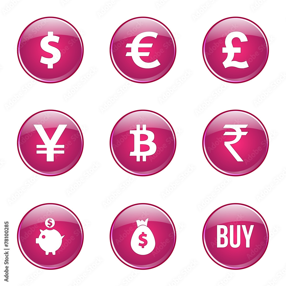 Currency Sign Pink Vector Button Icon Design Set Currency Sign Pink Vector Button Icon Design Set