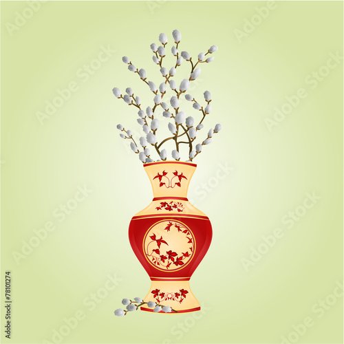 Vase with branch pussy willow  spring background vector