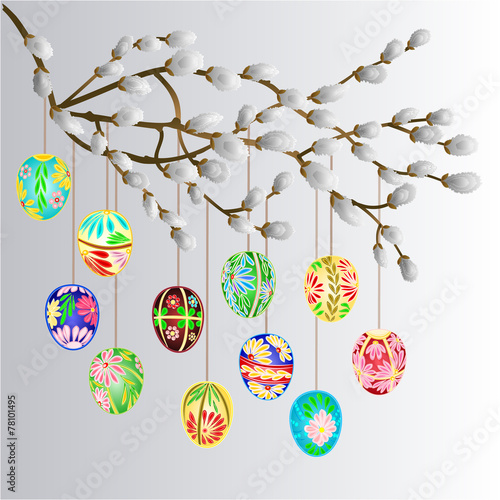 Pussy willow branch and easter eggs vector