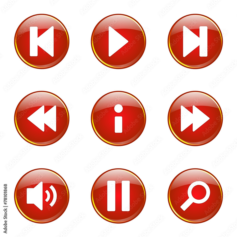 Multimedia Controller Red Vector Button Icon Design Set Multimedia Controller Red Vector Button Icon Design Set