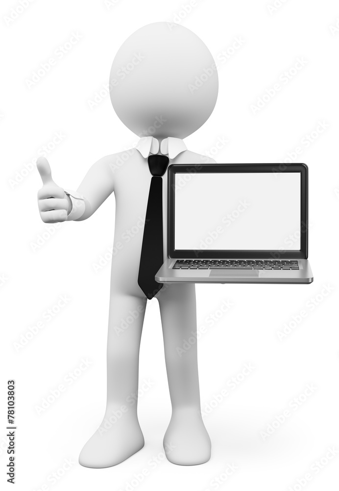 3D white people. Businessman with a laptop with blank screen 3D white people. Businessman with a laptop with blank screen